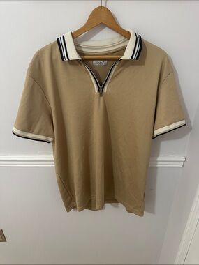 Men's Tan Zip-Front Polo with Contrast Stripe Collar